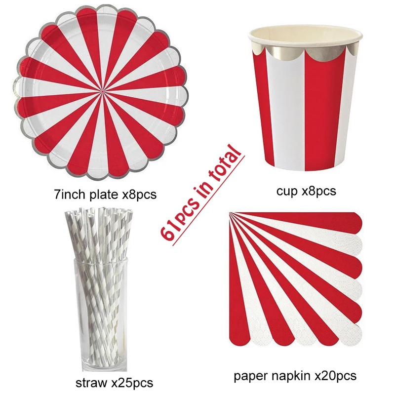 61pcs Red Striped Disposable Tableware Circus Theme Paper Plates Cups Wedding Supplies Foil Bronzing Birthday Party Decorations