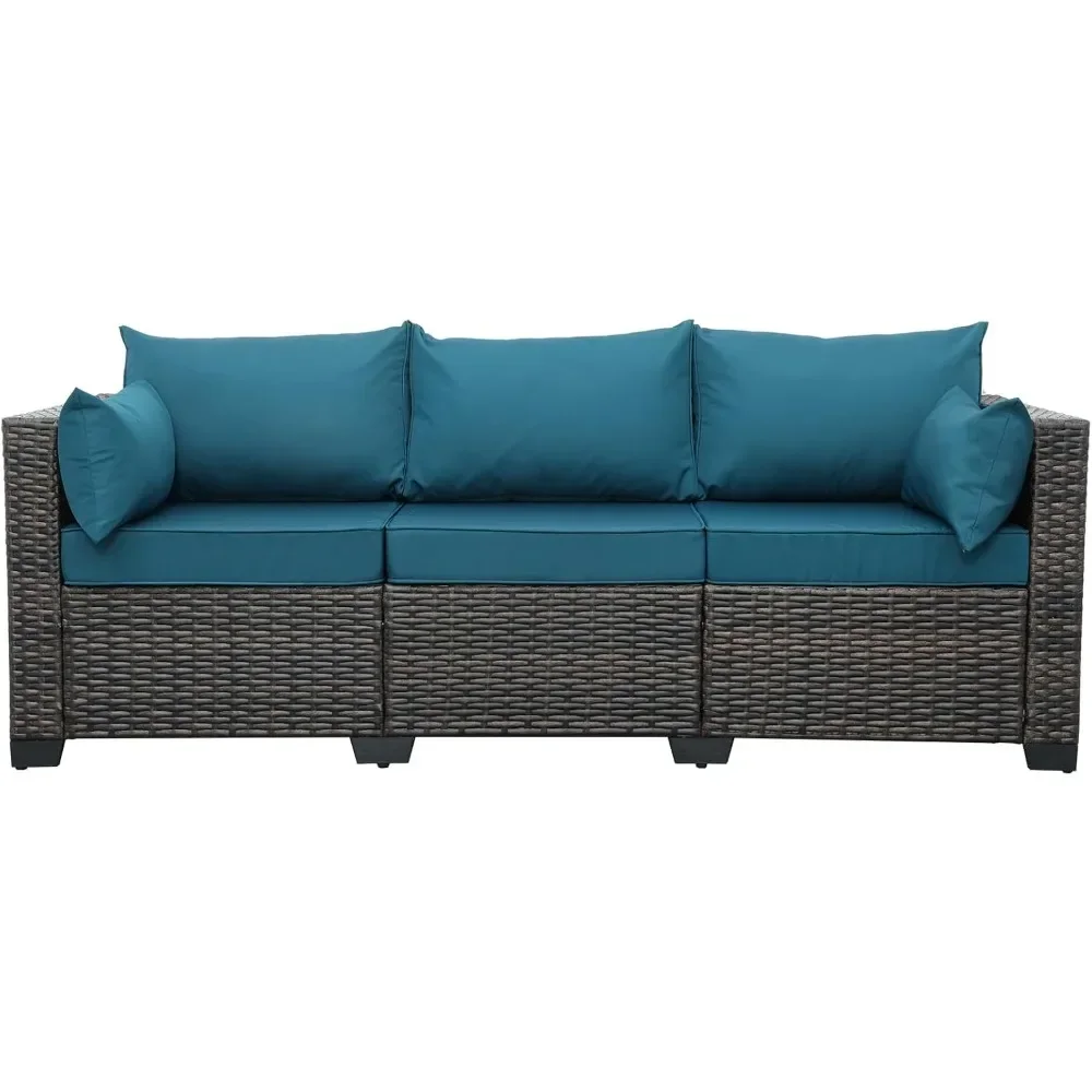 

3-Seat Patio PE Wicker Couch Furniture Outdoor Brown Rattan Sofa with Washable Peacock Blue Cushions