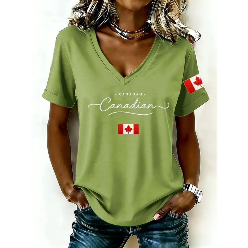 ilstile New Arrival Women's Canadian Maple Leaf Flag Print T-Shirts Summer Short Sleeve Casual V Neck Tops Black White Red Tees