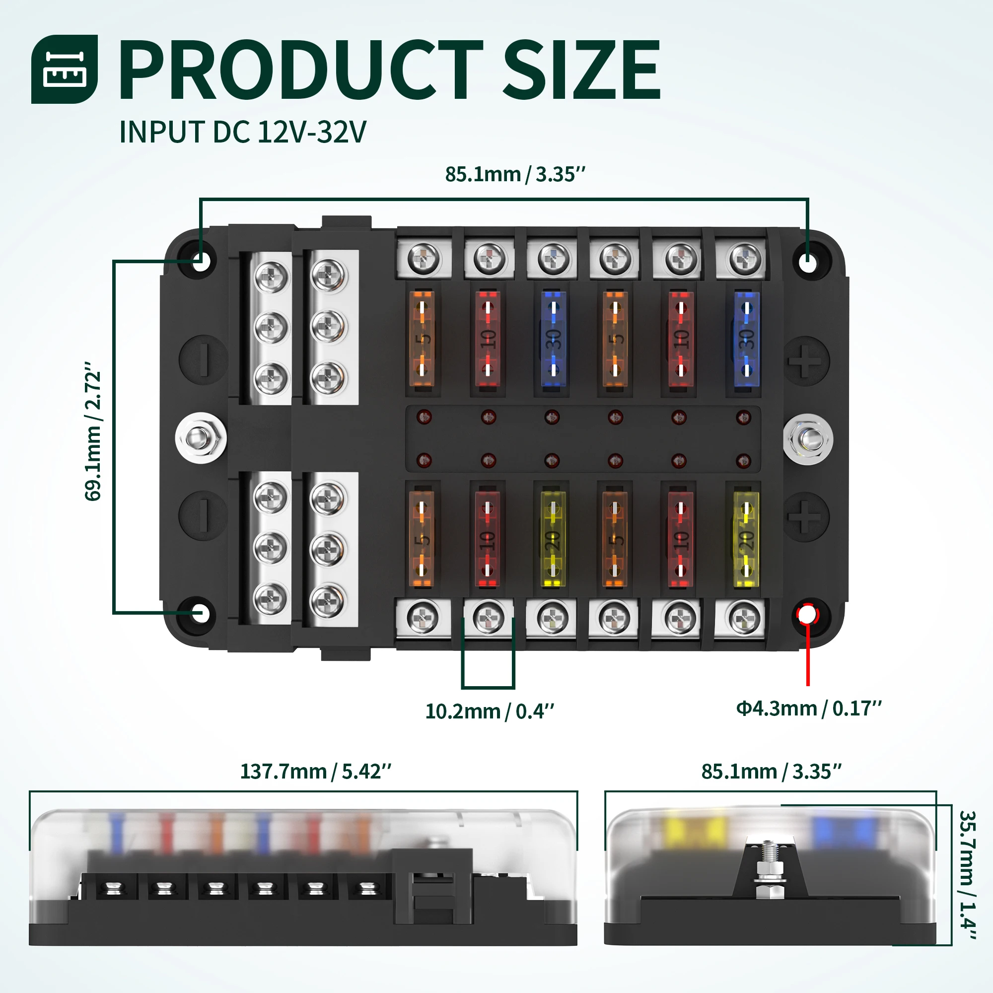 12V Fuse Block 12 Way 12 Volt Fuse Box ATO/ATC Marine Fuse Panel with LED Indicator Light Waterproof 24V for Boat Car Automotive