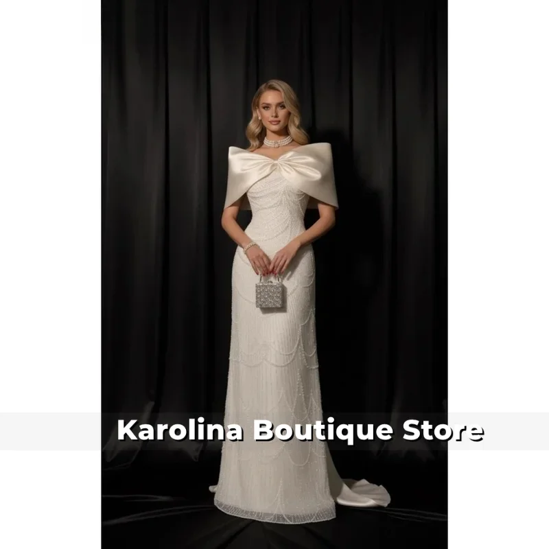 Customized White Beading Pearls robes de soirée Shawl Sleeveless Party Dresses Floor-Length Trailing A-line Prom Dress