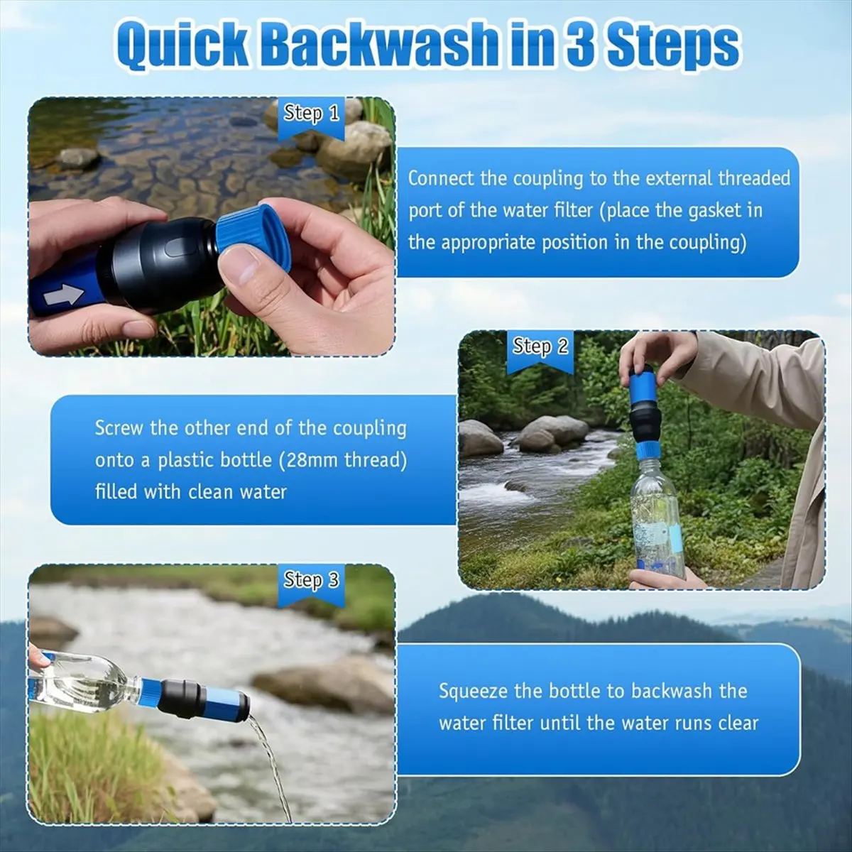 A3#(Upgraded) 2382F Water Filter Coupling Kit,for 28mm External Threaded Water Filters and Standard Plastic Bottles for Hiking C