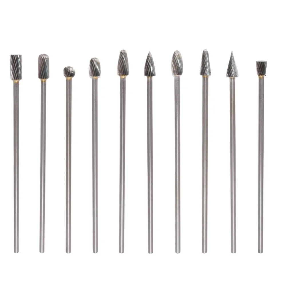 Rotary Burrs 10PCS For Solid Carbide 3mm Shank 100mm Length 6mm Head Diameter for General Purpose Milling Grinding and Shaping