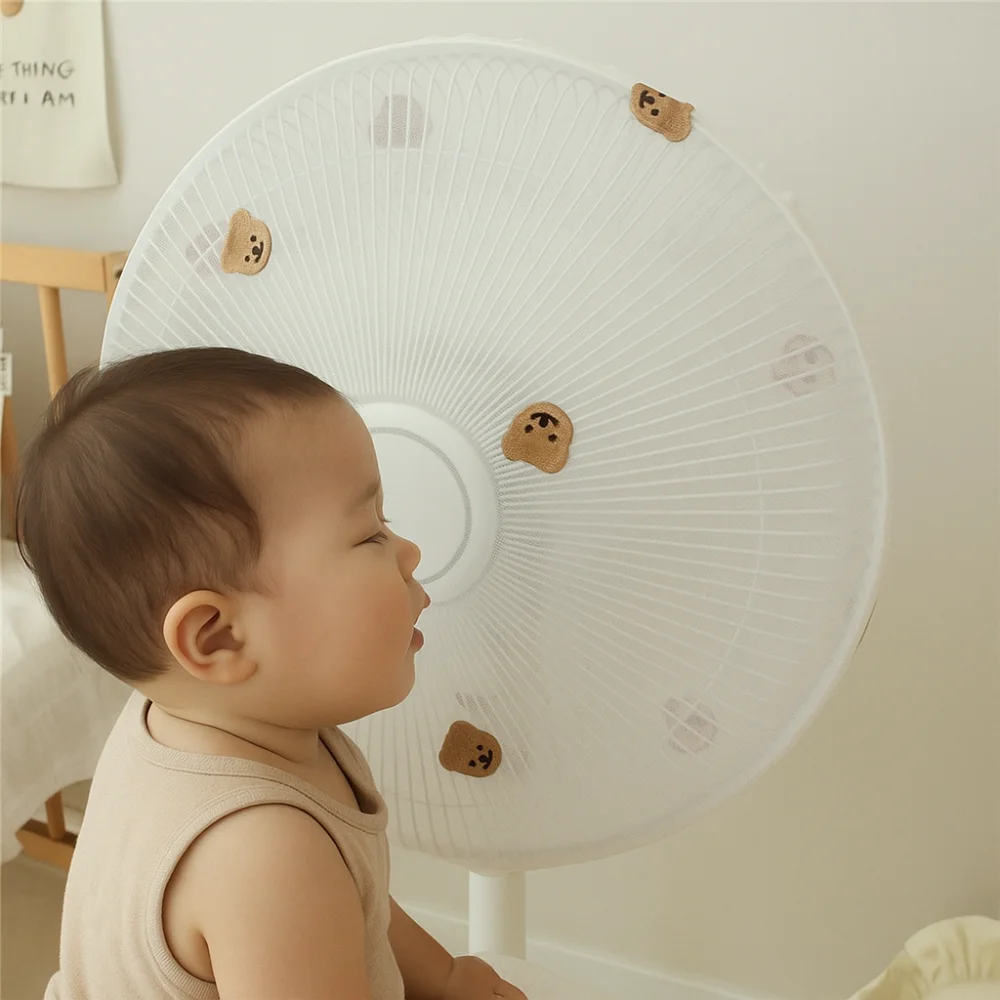

Waterproof Round Electric Fan Cover Bear Embroidery Universal Baby Safety Fan Cover Washable Finger Protector
