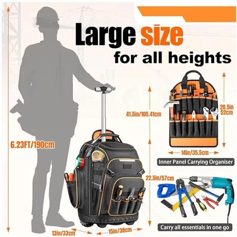 Heavy Duty Rolling Tool Backpack with Wheels & Molded Base, Wheeled Tool Bag for Electricians & Construction Sites
