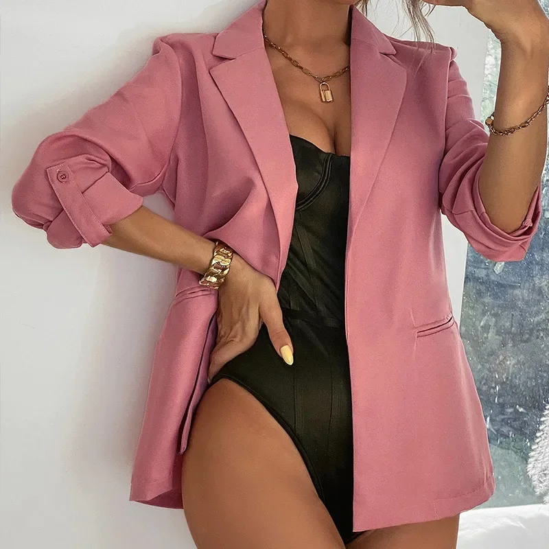 

Women Fashion Formal Slim Notched Long Sleeve Pink Blazer Solid Women's Jacket 2022 Spring Casual Female Elegant Thin Blazers