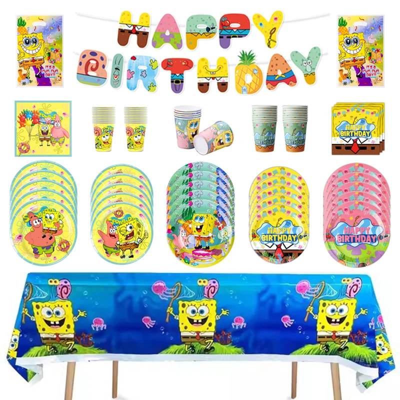 Decoraciones para Fiesta de Bob Esponja, Tema de Baby Shower, Fiesta de Cumpleaños, Vajilla Desechable, Vasos, Platos, Mantel