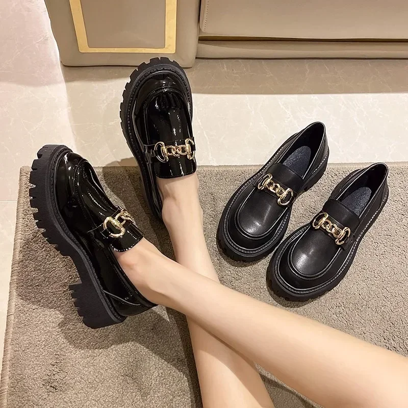 

Fashion Heeled Shoes for Women Round Toe Mid-heeled Loafers Oxford Thick Sole Casual Metal Chain Buckle One Kick Zapatos Mujer