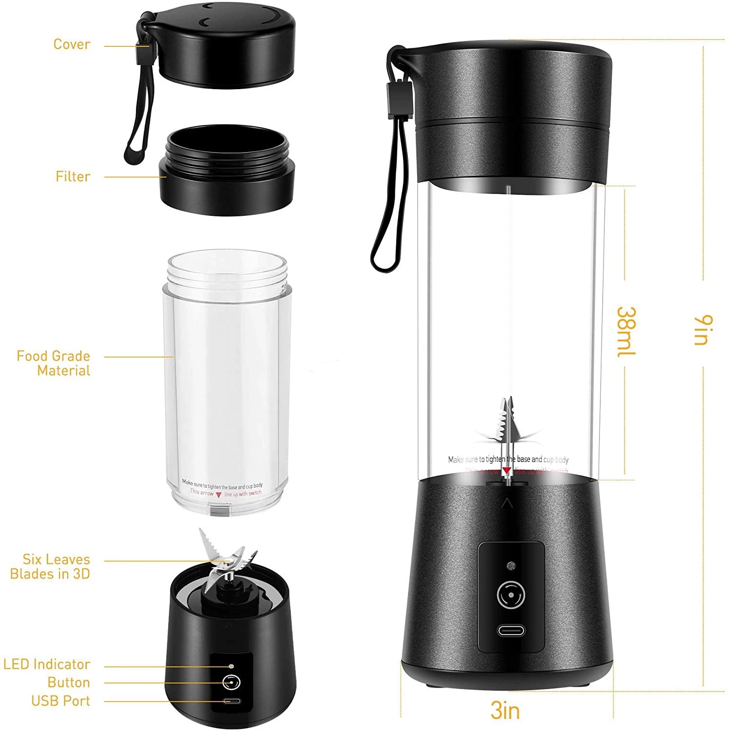 

150W 380ml electric USB charging household mixer 6 blades portable juicer with cup multi-function 6s plastic mixer custom-made