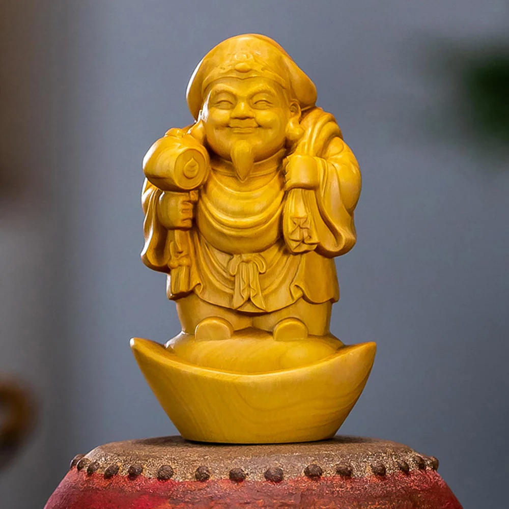 Daikokuten Wealth God Statue - Traditional Wooden Sculpture on Chinese Coin, Perfect for Home and Office Display