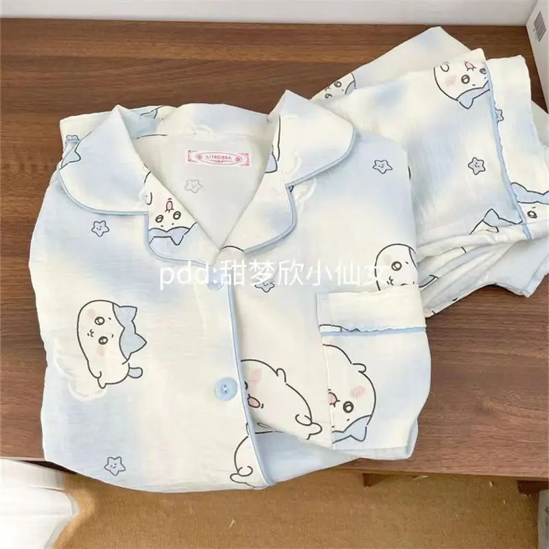 Cute Chiikawa Animated Cartoon Hachiware Pajamas Girls Spring and Autumn New Ins Style Long-sleeved Trousers Home Clothes Set