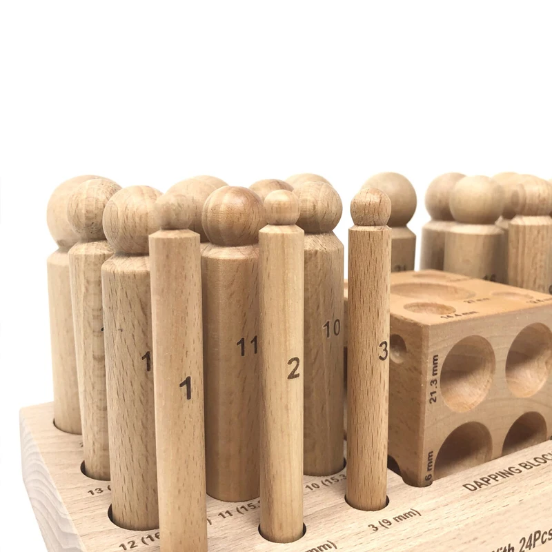 Durston 24pc Wooden Dapping Set 7.3-26.8mm Wood Punches & Dapping Block Soft Metal Jewelry Doming Tool Prevent Surface Marring