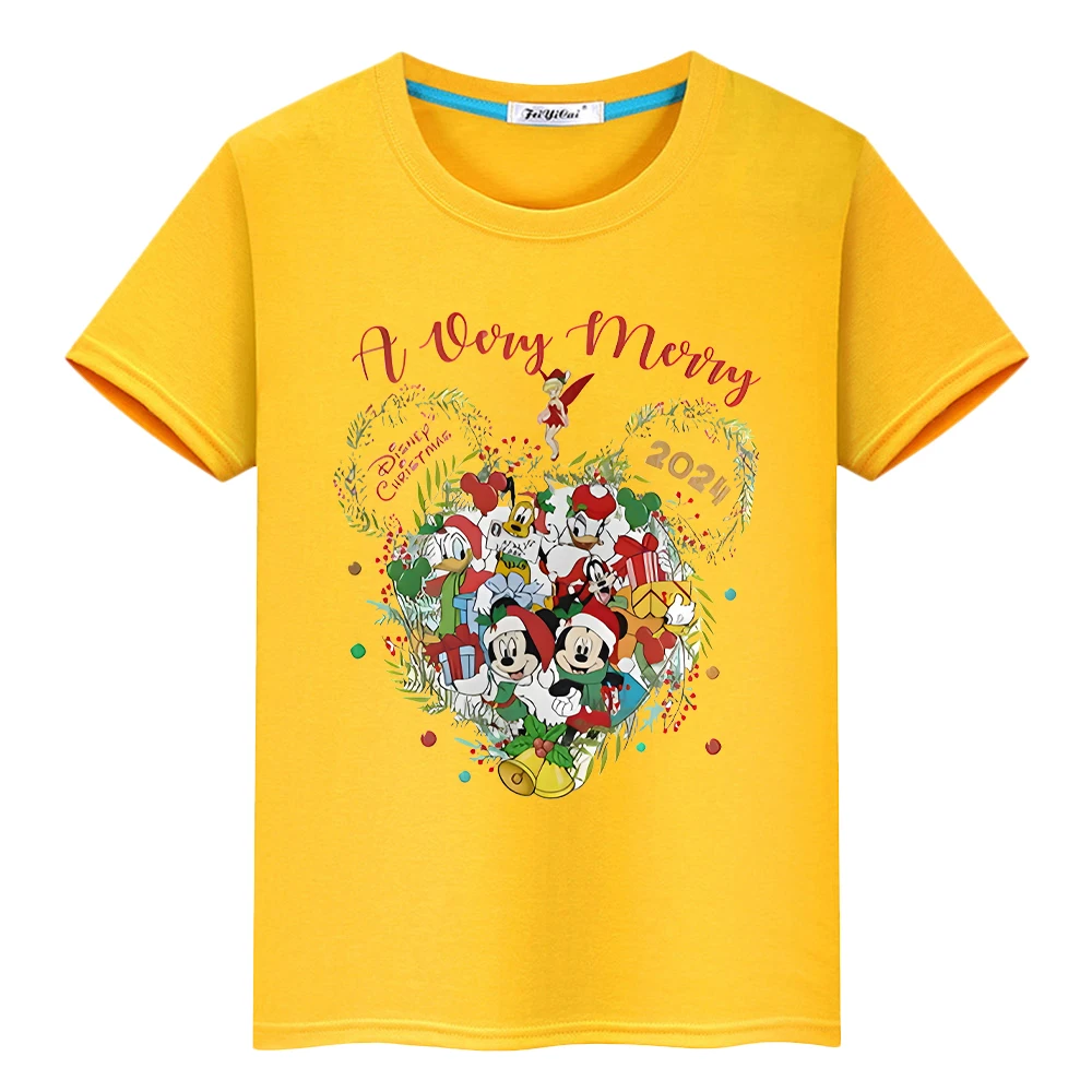 Christmas Print Disney Mickey t shirt for kids boy 10year 100%Cotton Kawaii Tops anime Short tshirt y2k one piece girl clothes image 3
