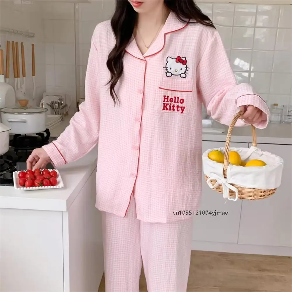 

2 шт., пижамы с рисунком Sanrio Hello Kitty, брюки из чистого хлопка с длинными рукавами, повседневная новая одежда для дома, удобный женский пижамный комплект, подарок