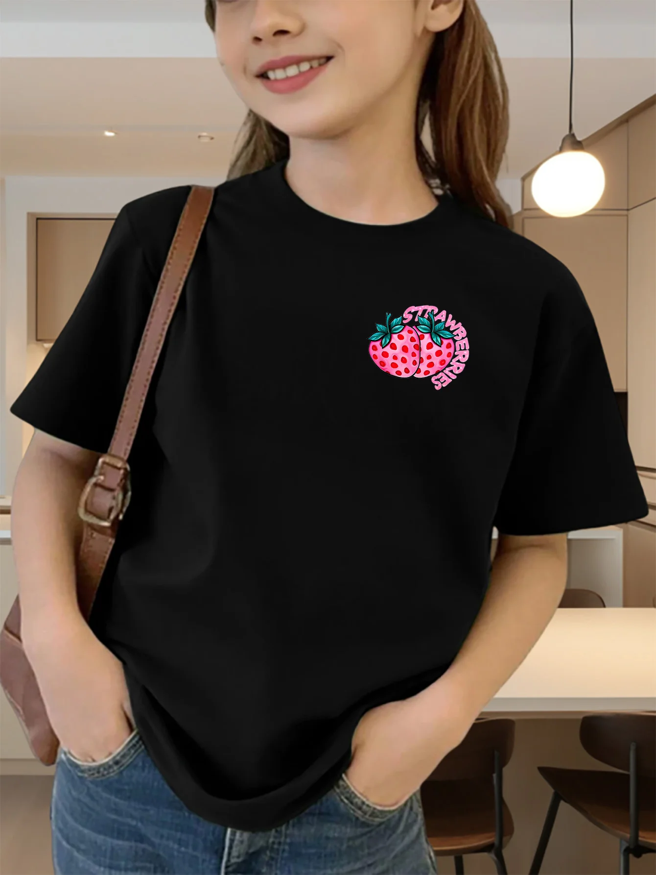 Cute Pink Strawberries Chest Print Graphic Kids Tee Boys Girls Family Matching Cotton Crew Neck Short Sleeve Soft Summer Tee