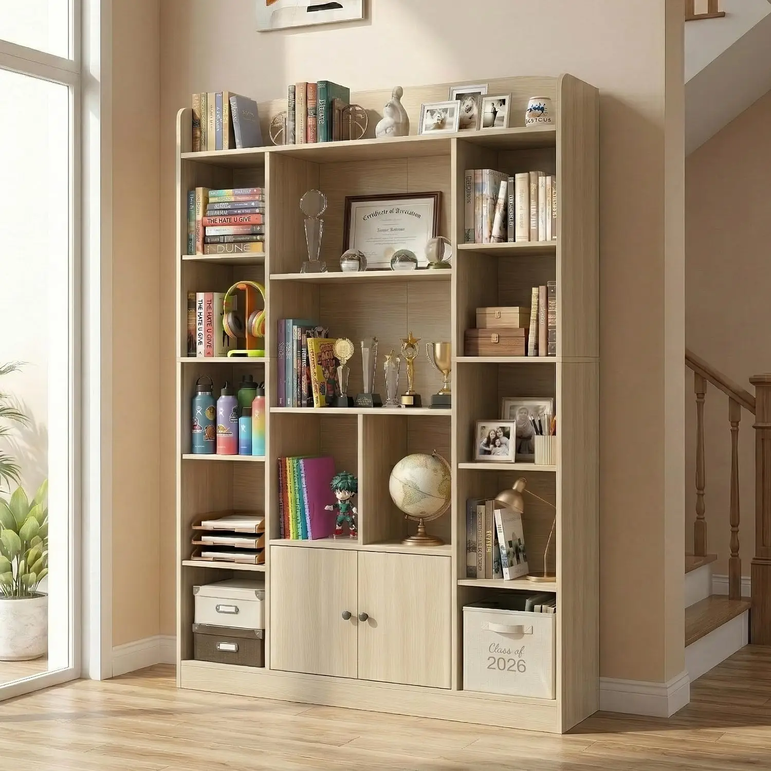 Oak Bookshelf 14 Cubbies 2 Cabinets 5-Tier Bookcase Storage Shelf Living Room Study Office 41.3