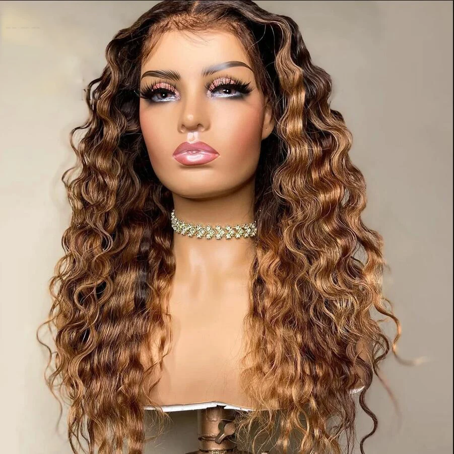 Perruque Lace Front Wig synthétique bouclée 26 pouces, cheveux longs, pre-plucked, ombré, blond, brun, doux, densité 180, Deep Wave, pour femmes noires