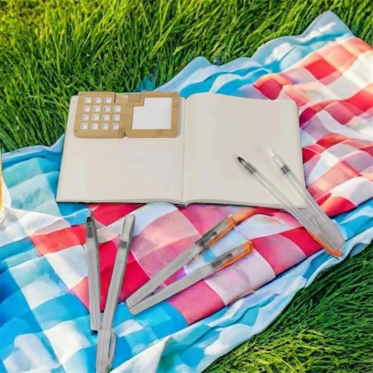 여행용 수채화 페인트 세트, 작은 팔레트, 스케치북 브러시, 나무 15 그리드 팔레트, 클립 포함