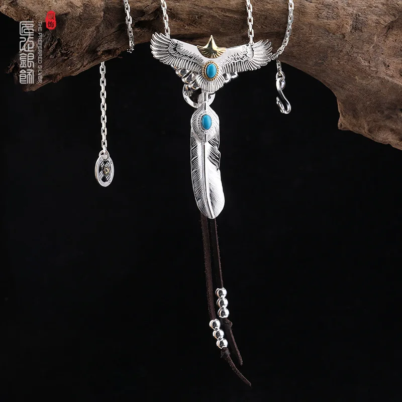 

S925 Silver Eagle Feather Necklace Men's and Women's Fashion Retro Pendant Round Beads Handmade Design Too Angle Chain