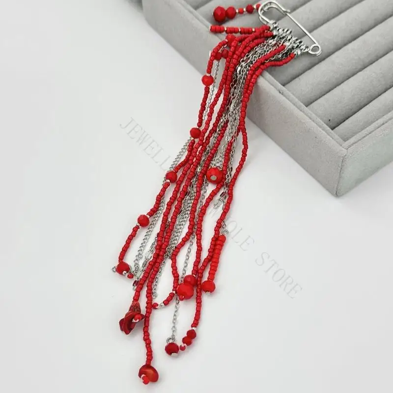 R7UF Stylish Rice Bead and Crystal Brooch with Tassels Comfortable Clothes Accessory for Daily Use Work Date Party