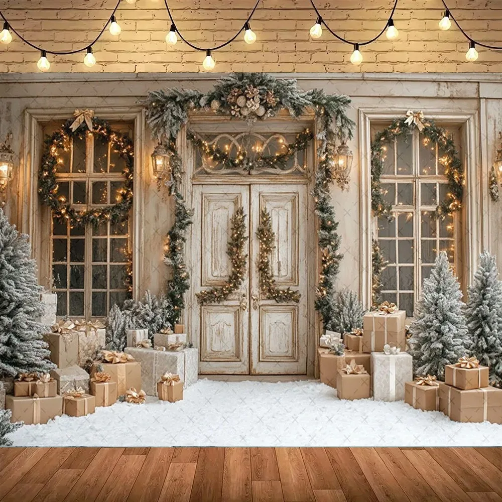 

Christmas front door beige arch photography Backdrop, Christmas tree children's family portrait decoration Backdrop photography