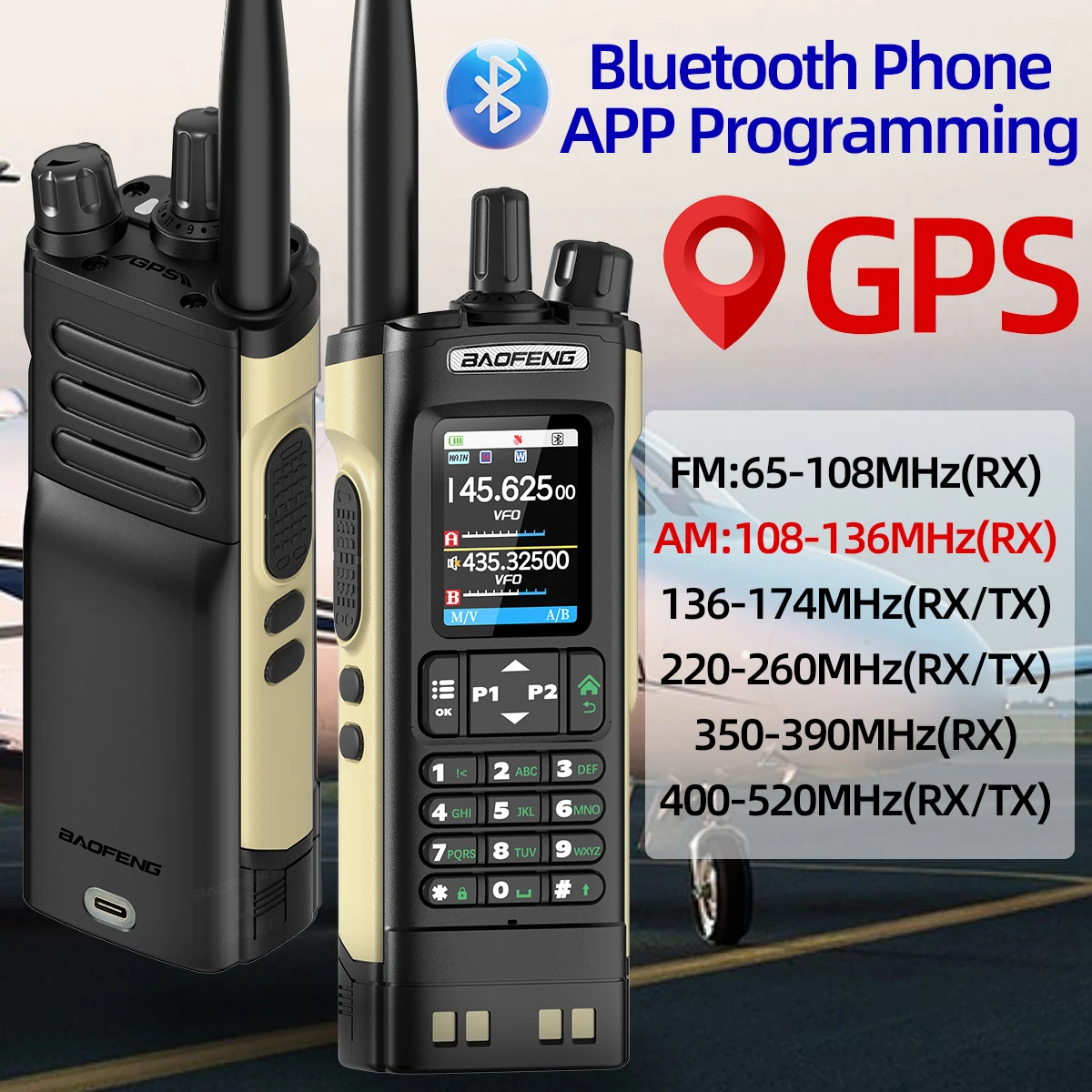 Baofeng UV-32 Walkie Talkie GPS 10W Wireless Bluetooth APP Programming Air Band Type-C for UV-5R Amateur Two Way Ham Radio