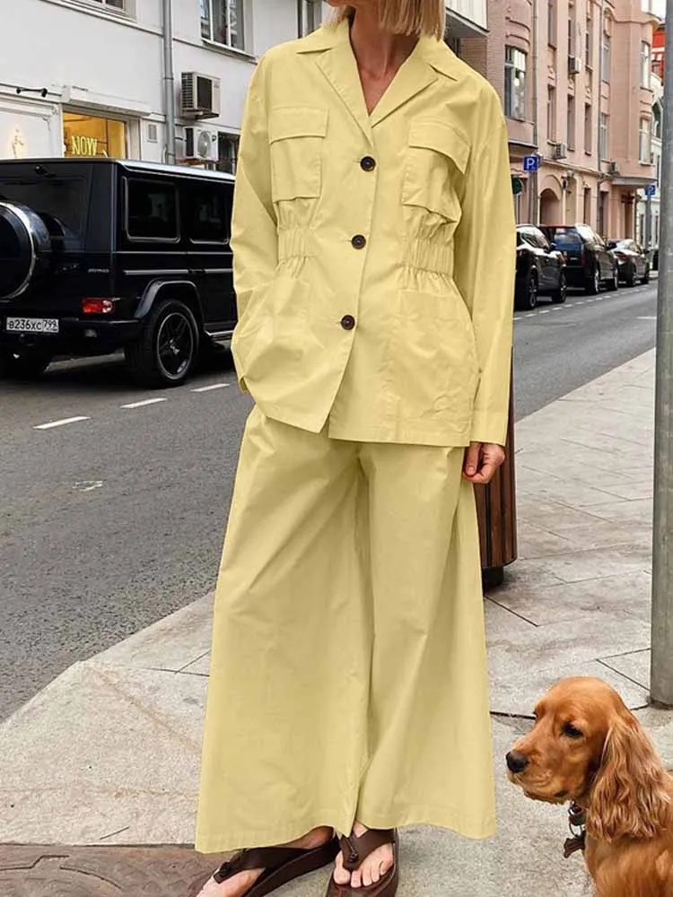 

MCDV Summer Fashion Loose Pants Sets Women Commute Style Long Sleeve Button Pockets Shirts High Waist Wide Trousers 2 Piece Suit