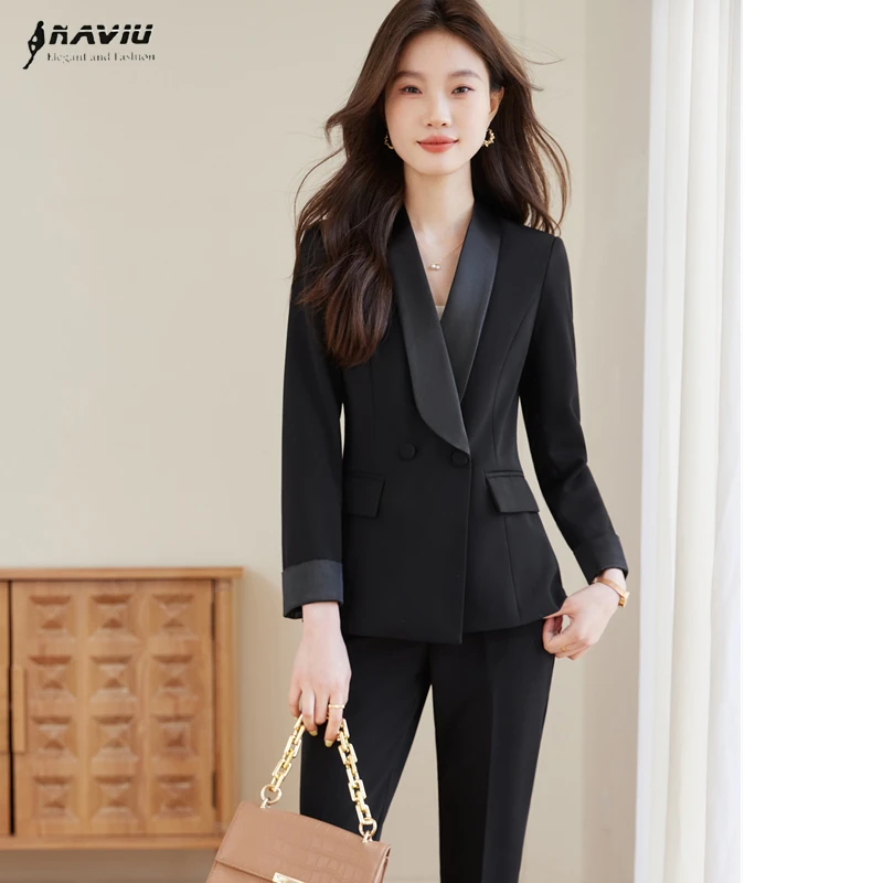 

NAVIU Тонкий комплект из 2 предметов для офисной одежды для женщин 2025 Новая мода с отложным воротником на одной пуговице Блейзер и брюки Костюмы Черный Белый