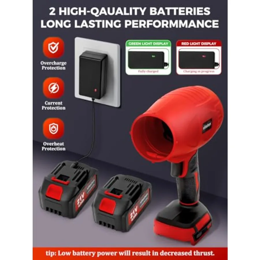 Беспроводная воздуходувка для листьев с 2 аккумуляторами и зарядным устройством в комплекте. Удлиненная насадка. Легкая ручная воздуходувка для листьев. Турбовентилятор для патио.