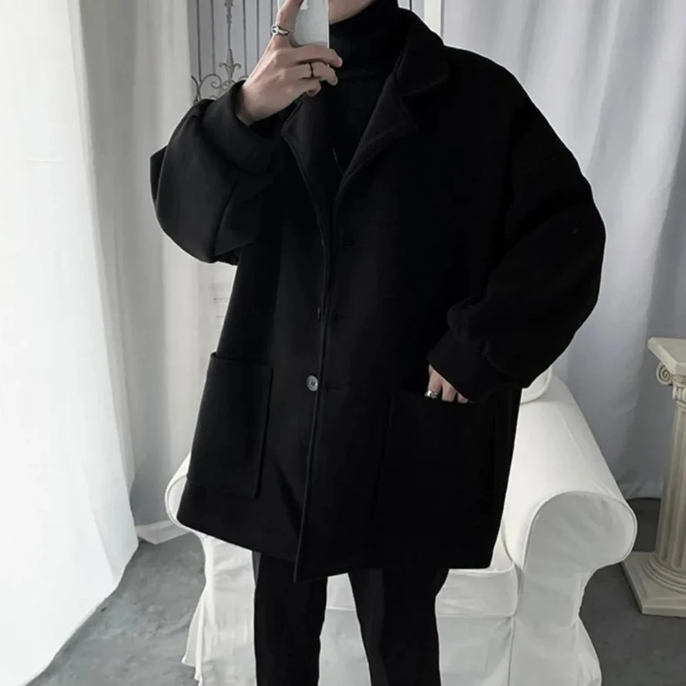 

Winter New Men's Solid Color Long-Sleeved Woolen Jacket French Retro Fashion Trendy High Street Casual Loose Simple Men's Top