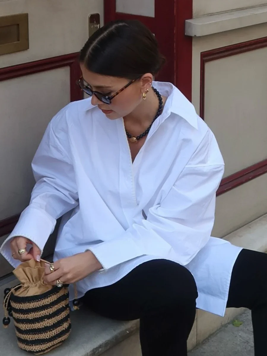 Wolfeel 여성용 미니멀리스트 화이트 긴팔 셔츠 신상 가을 라펠 싱글 브레스티드 셔츠 면 루즈 블라우스