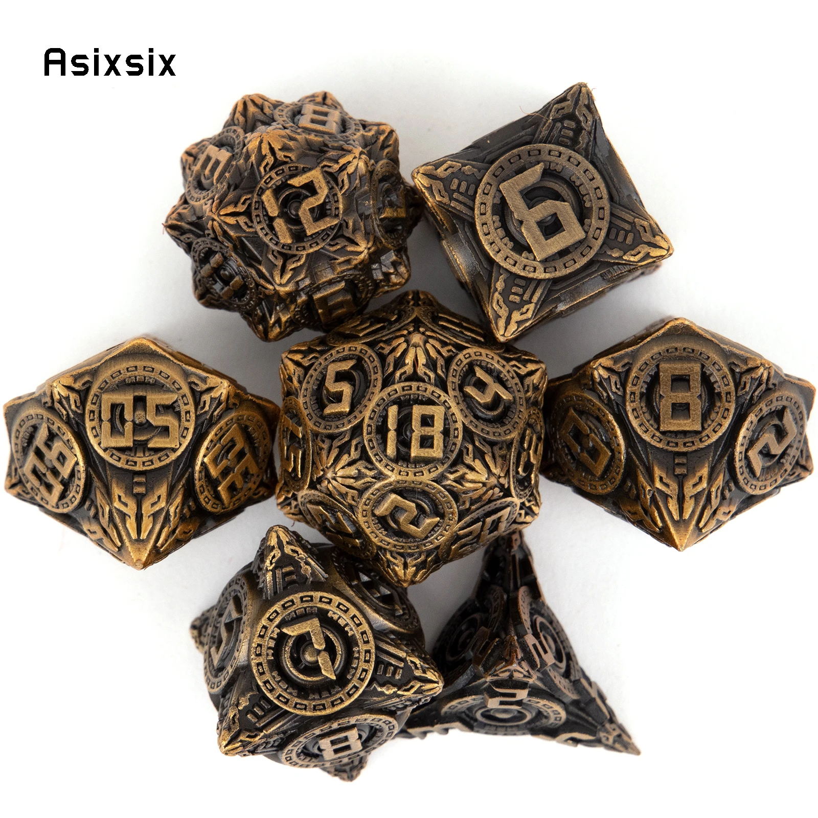 7 Pcs Yellow Circle Wheel Metal Dice Solid Metal Polyhedral Dice Set Suitable for Role-Playing RPG  Board Game Card Game