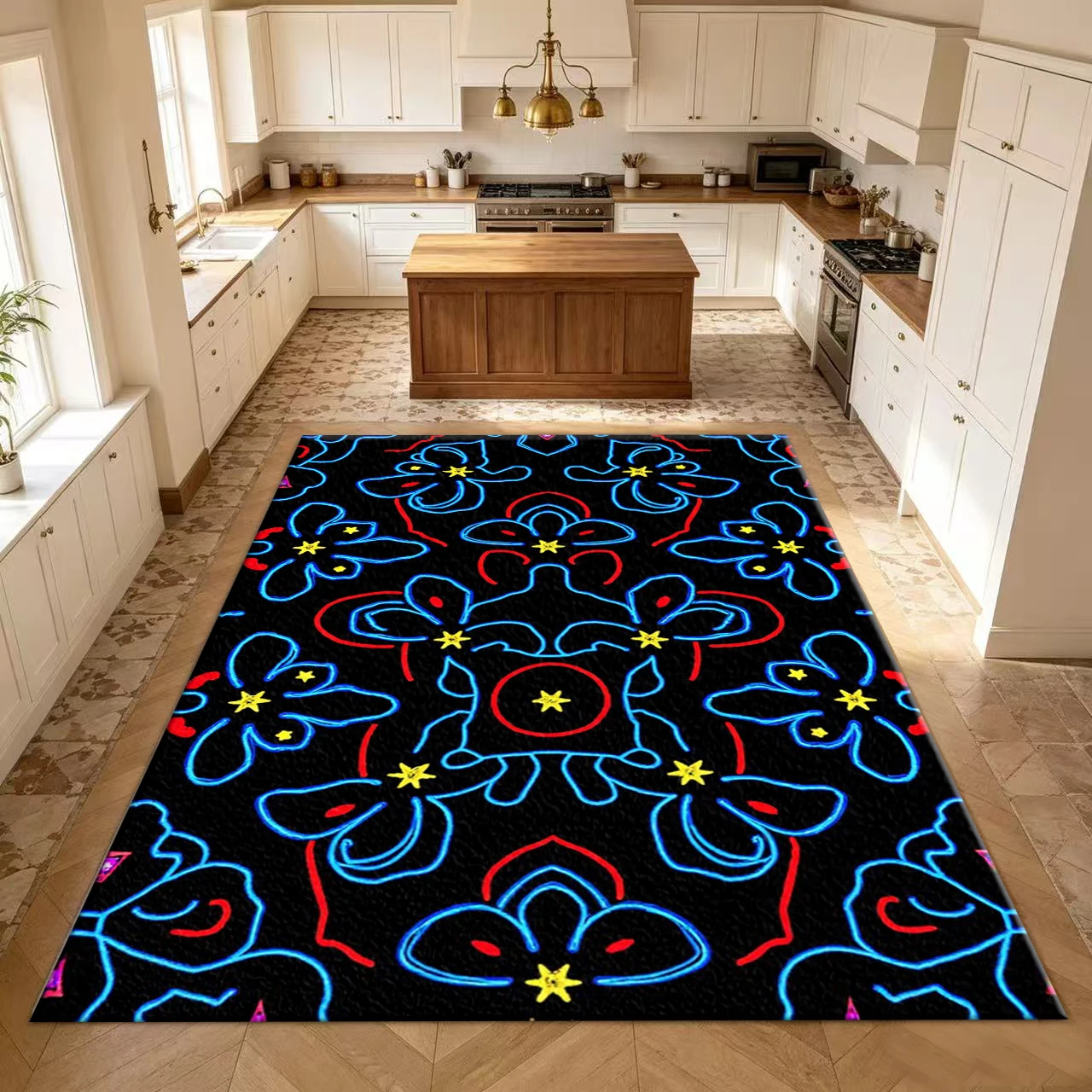 Neon Line Abstract Mandala Pattern Carpet Stylish Printed Carpet Home Floor Mat Suitable for Living Room Bedroom Decoration