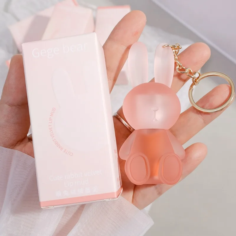 Coelho bonito Keychain Matte Lip Gloss, copo antiaderente, maquiagem de lama de lábio nu veludo, cosméticos de lábios lisos duradouros à prova d'água, 6 cores