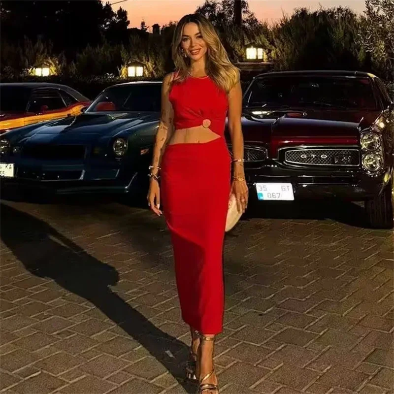 TRAF Cut Out Red Long Dress Woman Sleeveless Summer Dresses 2024 Ruched Bodycon Dress Women Elegant Evening Party Dresses