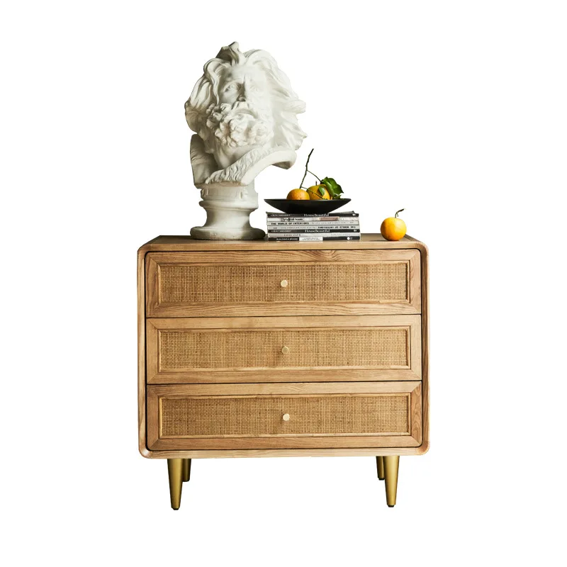 

Nordic solid wood three-bucket cabinet simple modern locker bedroom multi-functional bedside table rattan storage
