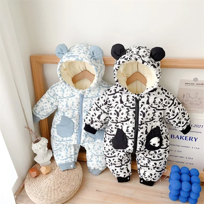 

2023 Winter New in Kids Baby Girls Boys Full Sleeve Cartoon Panda Thicken Plush One-pieces Infant Newborn Jumpsuits Romper