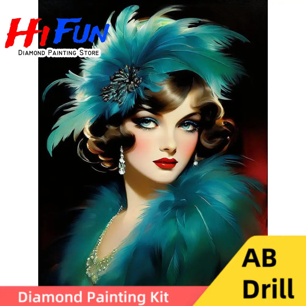

Lady with Emerald Green Hat Woman Portrait 5D Adult Diamond Art AB Drills , DIY Diamond Painting Kits Decor Handmade Artwork