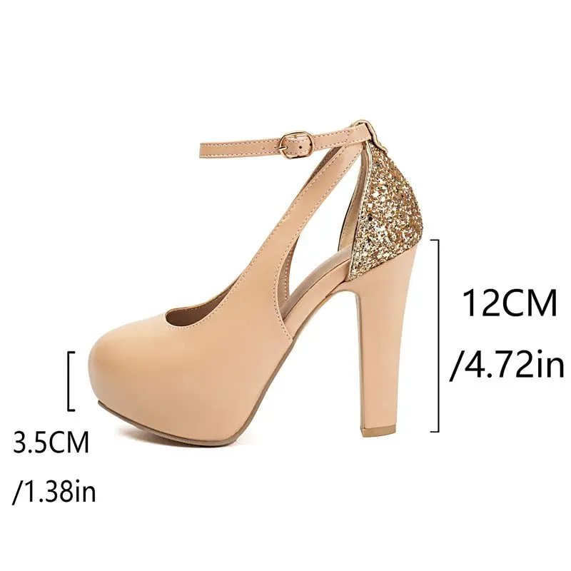 

Girseaby 2025 модные блестящие сандалии с круглым носком на массивном каблуке 12 см на платформе 3,5 см с пряжкой и ремешком пикантные вечерние свадебные туфли для женщин