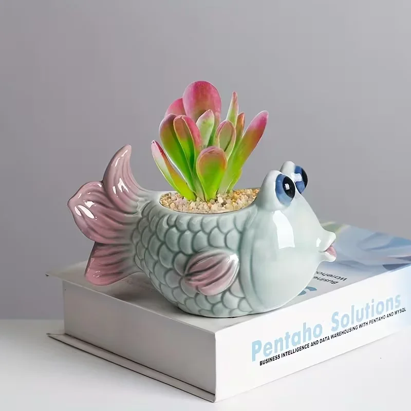 Tropical Fish Ceramic Succulent Planter Funny Animal Plant Pot for Home Office Desktop Decor Gift