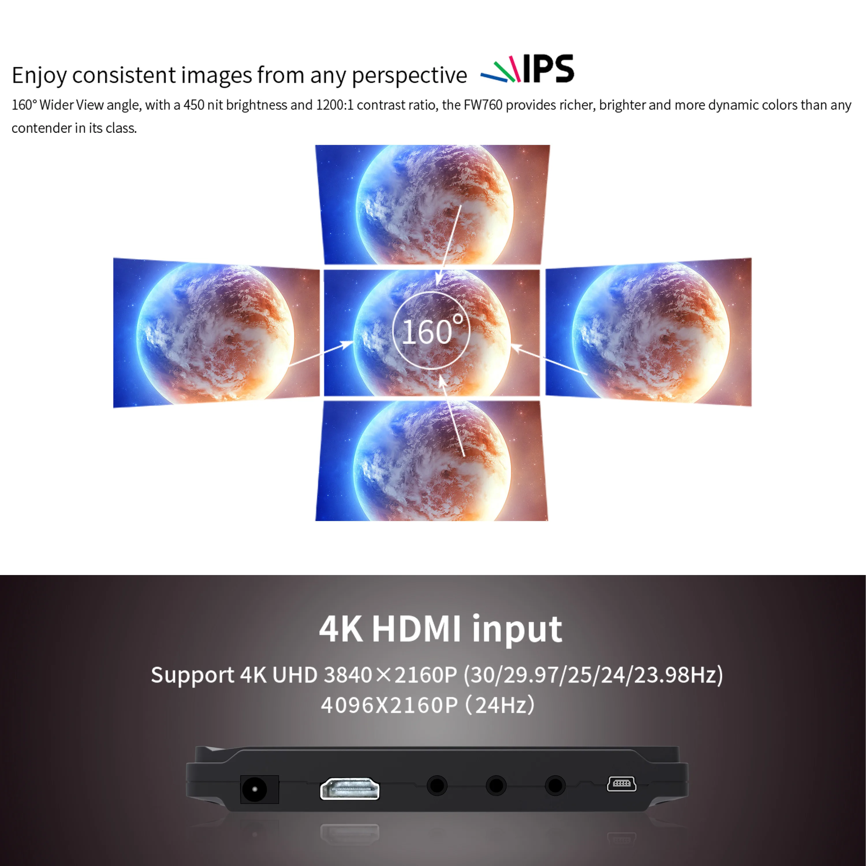 FEELWORLD FW760 DSLRフィールドモニター 7インチオンカメラモニター 4K HDMI フルHD 1920x1200 小型カメラモニター