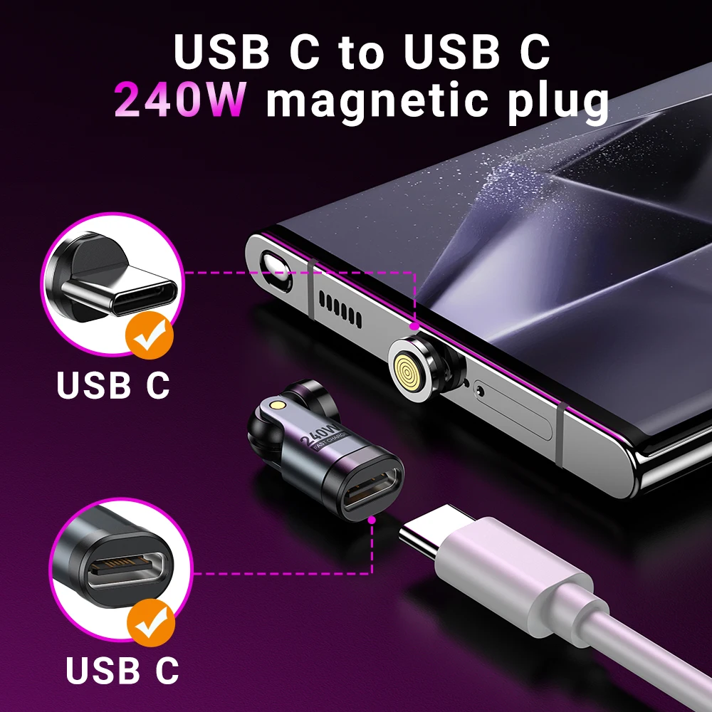 AUFU 240W Magnetic USB C Adapter 9Pin USB Type C Fast Charge Cable USB C Female Converter for Samsung iPhone 15 pro Ipad Macbook