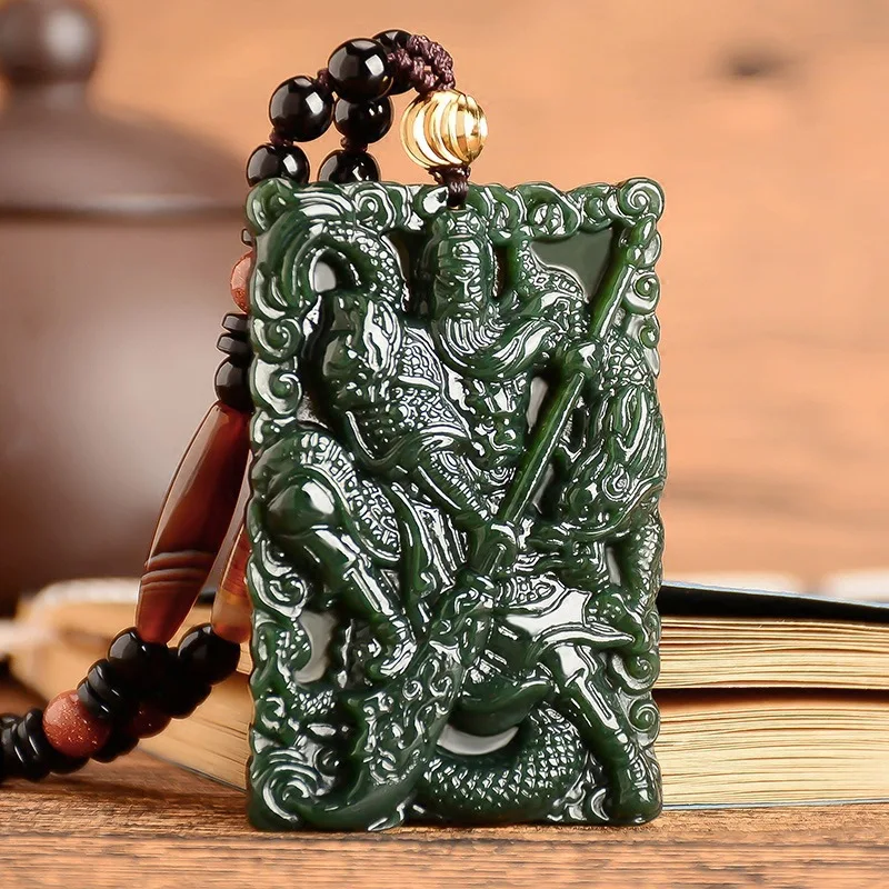 Hotan Jade Green Guangong Pendant Man's Aggressive Guaner's Double sided Jade Token jade safe sign men necklace