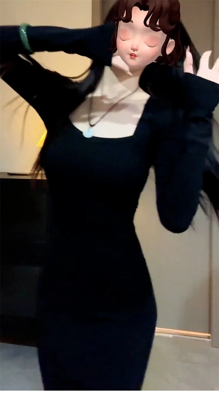 High-end gola quadrada lápis maxi vestido de manga cheia luxo rainha-chique preto bodycon sereia vestido de malha para 2025 aw luxo camadas