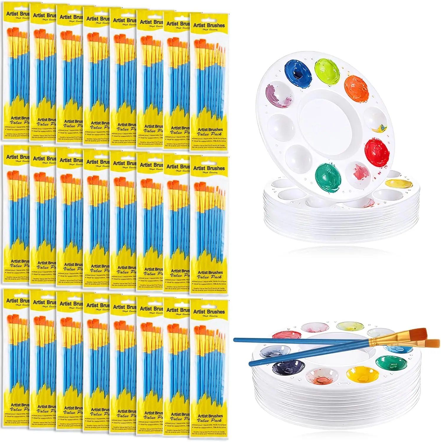 

Paint Brushes and Palettes Set, 240 Pcs/24 Pack Acrylic Paint Brushes Bulk Artist Nylon Paintbrushes with 24 Round Plast
