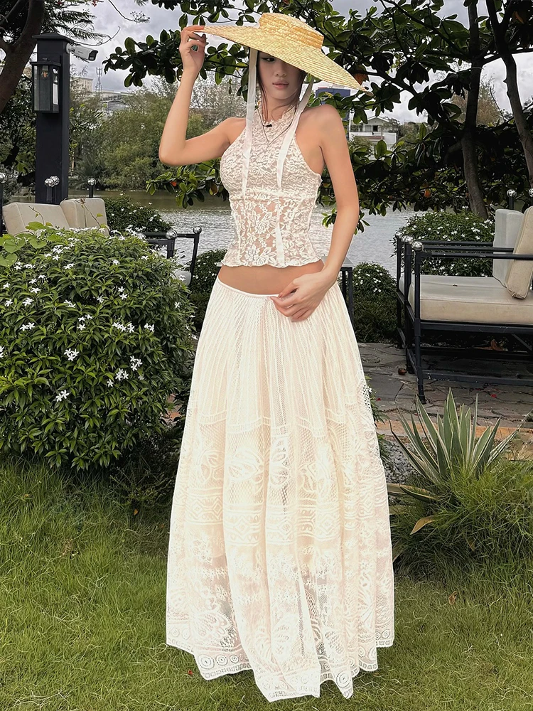 

Nibber Jacquard Elegant 2-Piece Set Women Skinny See Through Vests+Drapes Long Skirts Banquet Vacation Matching Fashion Suits