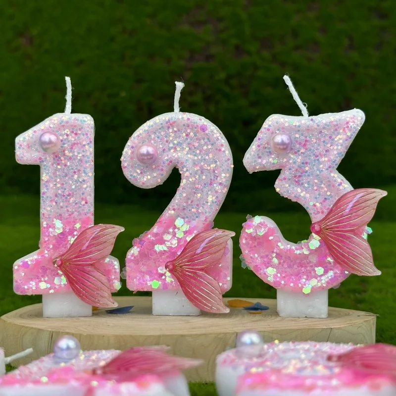 Digital Birthday Candles Party Decoration Birthday Pink Candles Sparkling Pink Beauty Fish Tail Wedding Boys Girls Gifts Number