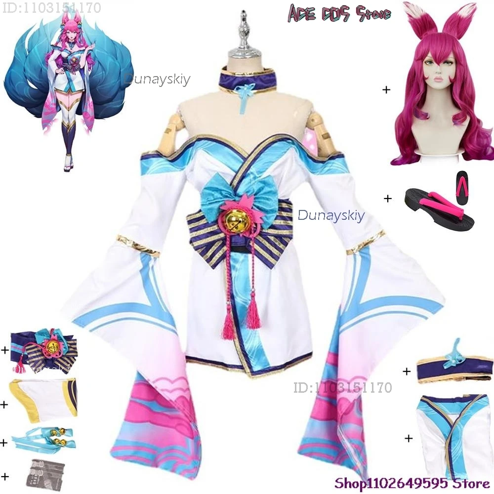 Disfraces de Halloween de cosplay de anime, disfraz de cosplay de Ahri, peluca y zapatos de la ninfa del zorro de nueve colas, vestido para adultos