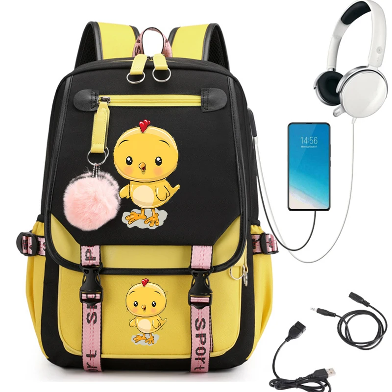 Lindas mochilas escolares con estampado de pollo para estudiantes, mochila de dibujos animados de Anime para adolescentes, mochila escolar para regreso a la escuela, mochila Usb