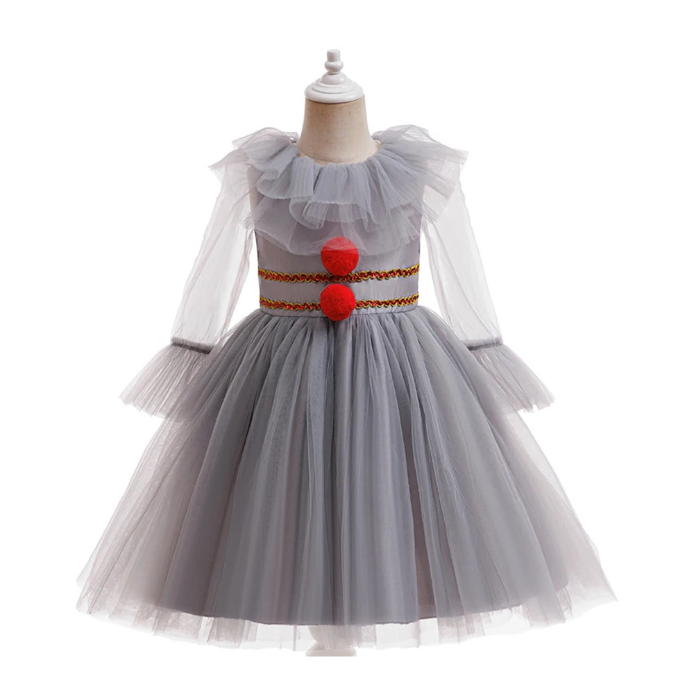 Kids Girls Clown Cosplay Fancy Dress Gray Tulle Gown Red Pom Pom Flare Sleeve With Gloves For Halloween Party